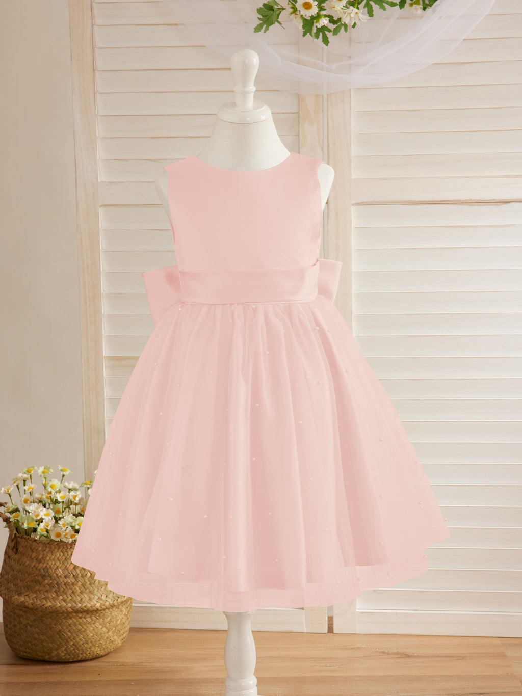Vestido de niña de las flores de satén, tul y hasta la rodilla, estilo princesa