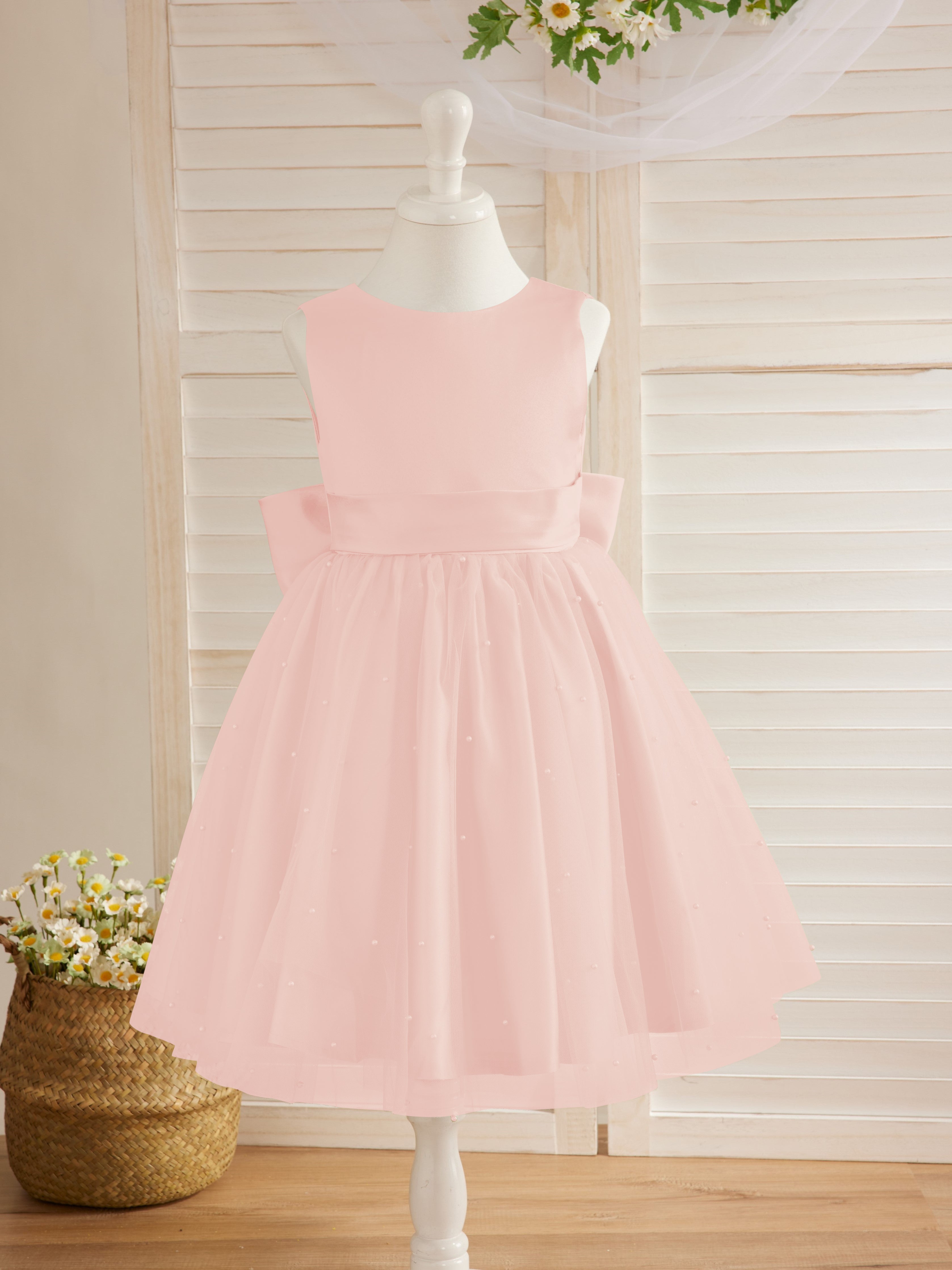 Vestido de niña de las flores de satén, tul y hasta la rodilla, estilo princesa