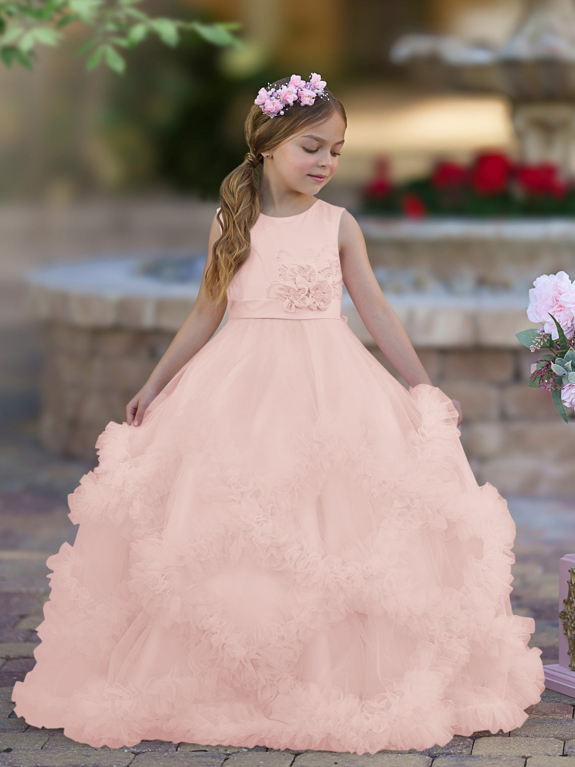 A-Linie Satin Tüll Bodenlang Kaskadierende Rüschen Blumenmädchenkleid