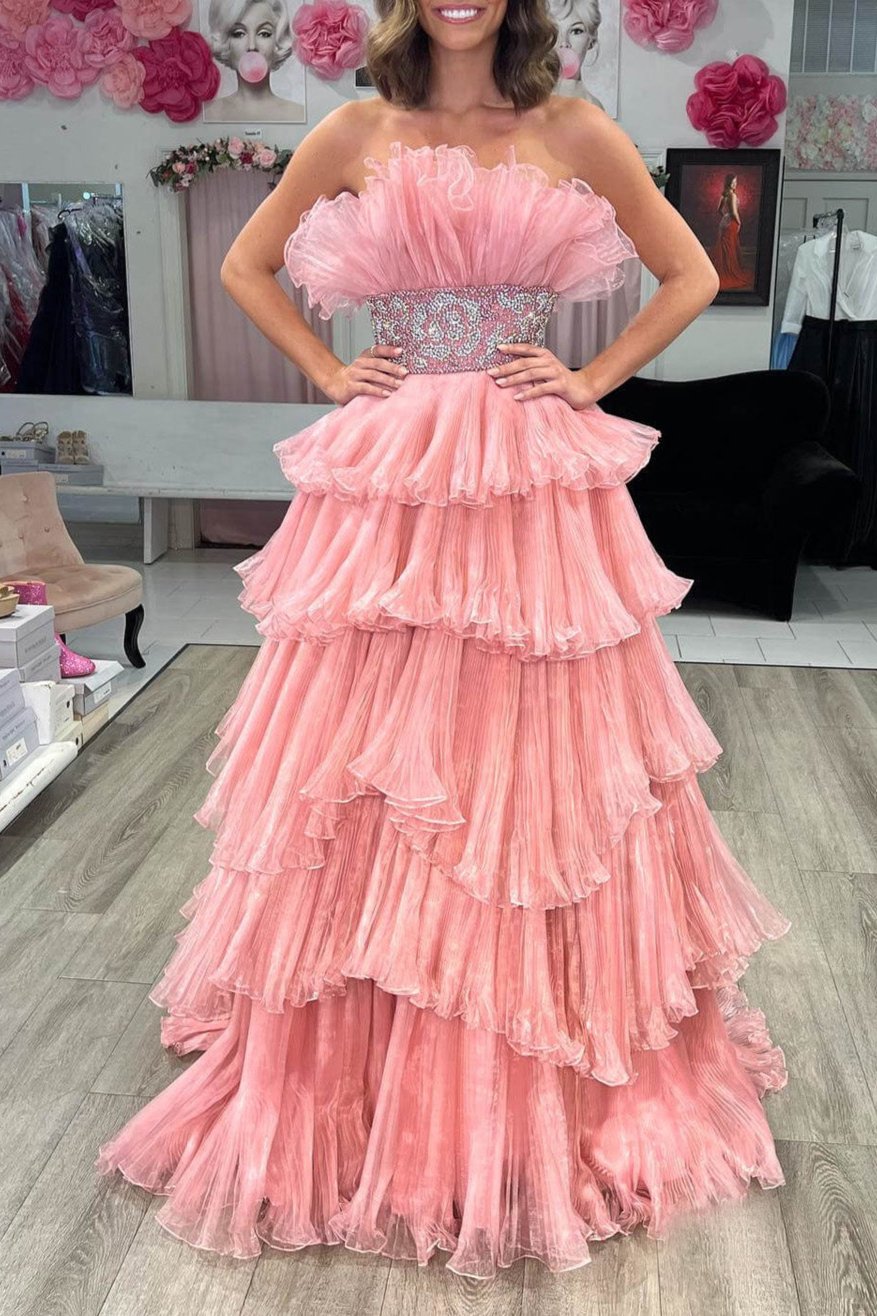 Peyton | Vestido de fiesta largo sin tirantes, corte A y volantes
