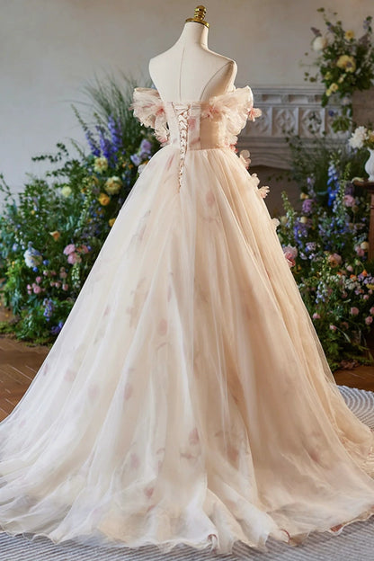 Phebian | Vestidos de fiesta largos de tul con hombros descubiertos y estampado floral color champán hasta el suelo