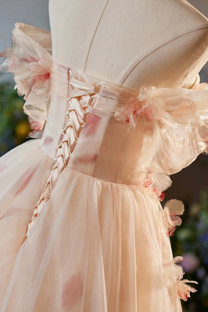 Phebian | Vestidos de fiesta largos de tul con hombros descubiertos y estampado floral color champán hasta el suelo