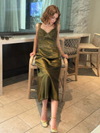 Philomena | Olive Green Sheath Satin Beaded Long Prom Dresses