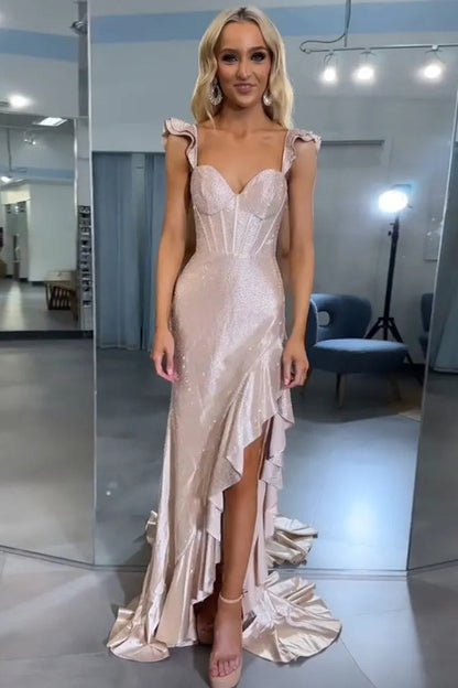 Phyllis | Meerjungfrau Gelb Spaghettiträger Satin Perlen Langes Ballkleid