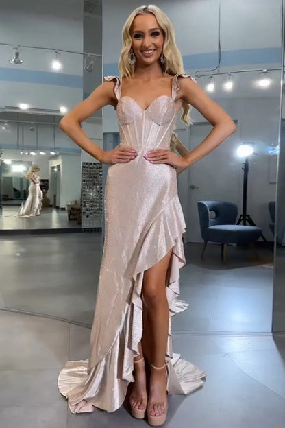 Phyllis | Meerjungfrau Gelb Spaghettiträger Satin Perlen Langes Ballkleid