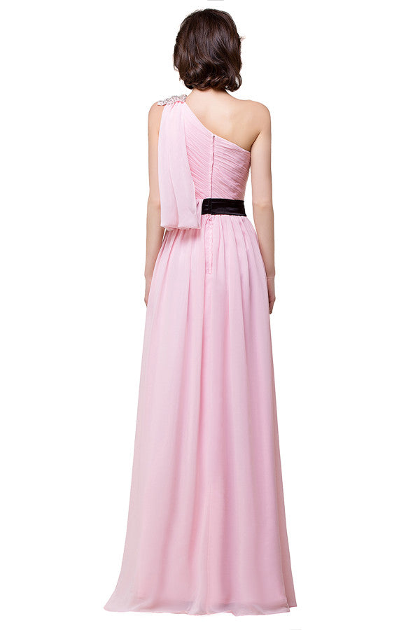 Vestidos de dama de honor de gasa con volantes, corte A y un solo hombro en color rosa