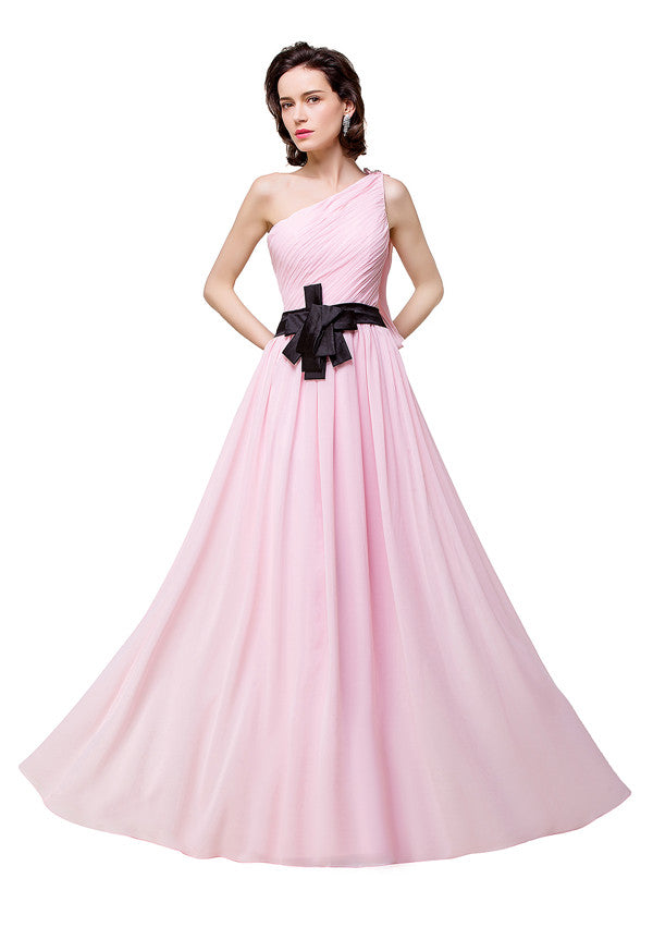 Vestidos de dama de honor de gasa con volantes, corte A y un solo hombro en color rosa