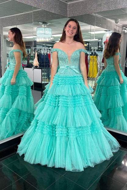 Rosa A-Linie Tüll Rüschen Off-the-Shoulder Lange Ballkleider mit Schleife