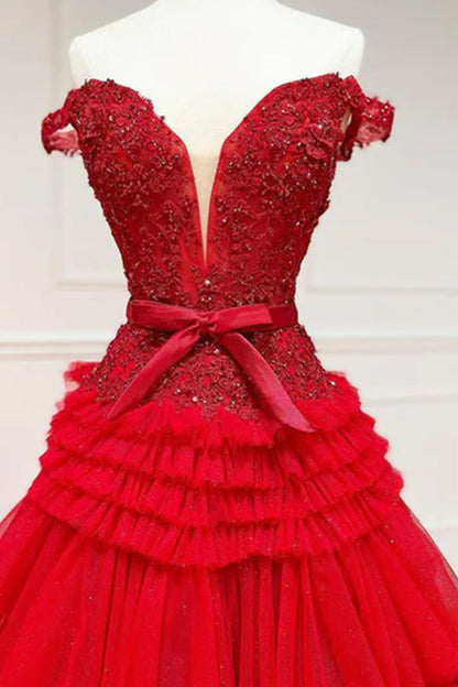 Rosa A-Linie Tüll Rüschen Off-the-Shoulder Lange Ballkleider mit Schleife
