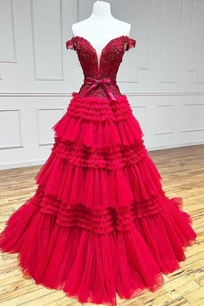 Rosa A-Linie Tüll Rüschen Off-the-Shoulder Lange Ballkleider mit Schleife