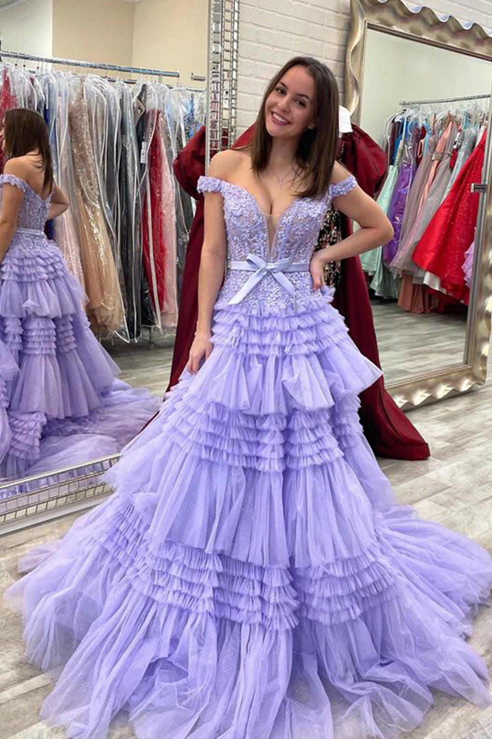 Rosa A-Linie Tüll Rüschen Off-the-Shoulder Lange Ballkleider mit Schleife