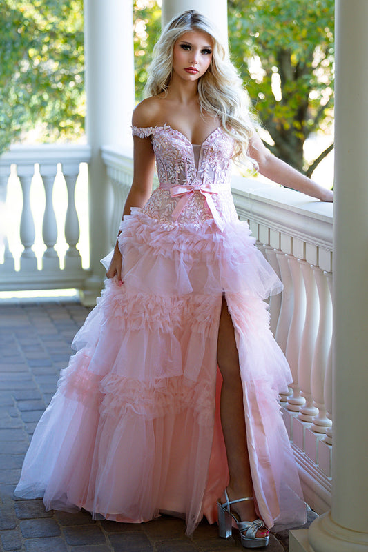 Rosa A-Linie Tüll Rüschen Off-the-Shoulder Lange Ballkleider mit Schleife