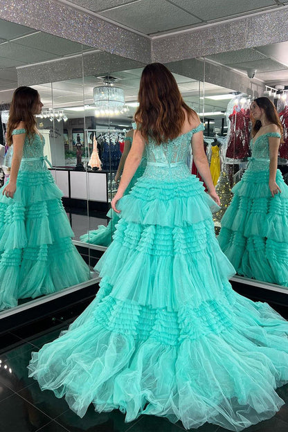 Rosa A-Linie Tüll Rüschen Off-the-Shoulder Lange Ballkleider mit Schleife