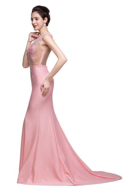 Pink Crew Sweep-length Mermaid Prom Dresses With Imitation Pearls