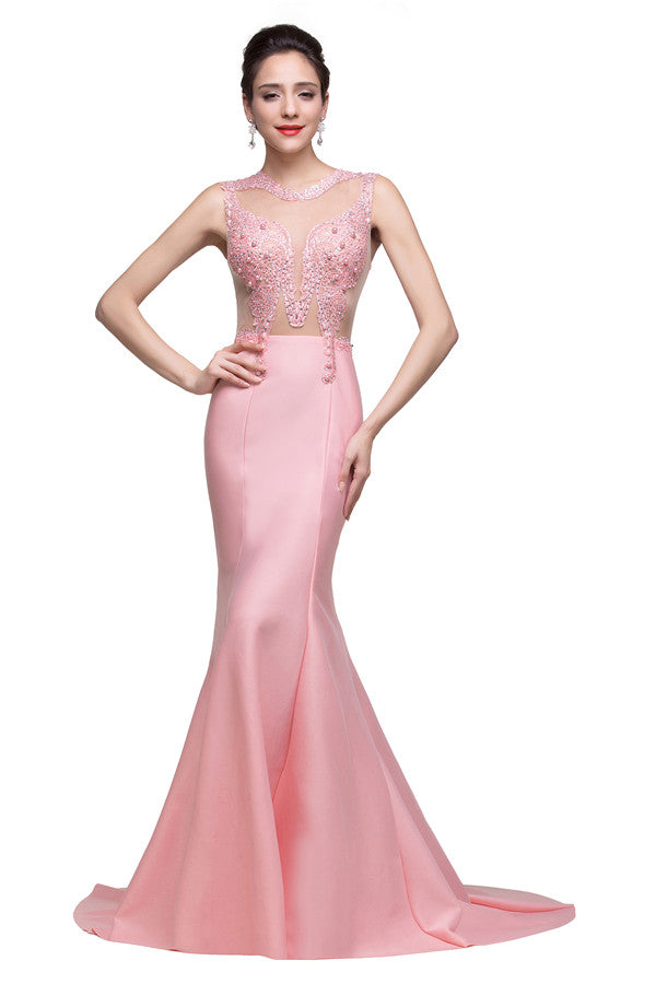 Pink Crew Sweep-length Mermaid Prom Dresses With Imitation Pearls