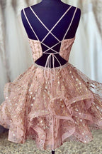 Rosa Homecoming-Kleid mit tiefem V-Ausschnitt und Pailletten, kurzes Ballkleid PD426