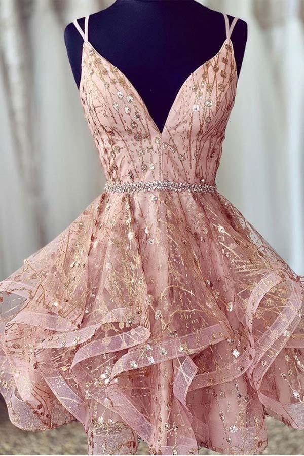 Rosa Homecoming-Kleid mit tiefem V-Ausschnitt und Pailletten, kurzes Ballkleid PD426