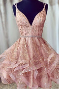 Rosa Homecoming-Kleid mit tiefem V-Ausschnitt und Pailletten, kurzes Ballkleid PD426