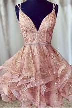 Rosa Homecoming-Kleid mit tiefem V-Ausschnitt und Pailletten, kurzes Ballkleid PD426