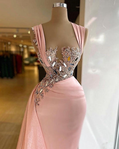 Pink Elegant Long Mermaid Prom Dresses With Glitter