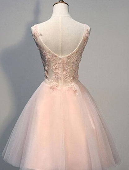 Vestidos de fiesta cortos de encaje rosa, vestidos de noche con apliques de encaje, vestidos de noche de tul de línea A