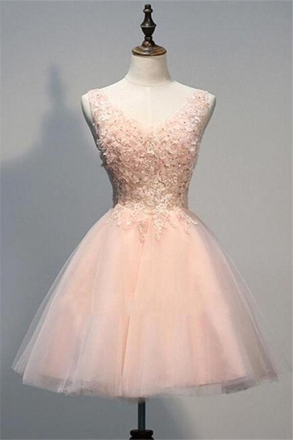 Vestidos de fiesta cortos de encaje rosa, vestidos de noche con apliques de encaje, vestidos de noche de tul de línea A