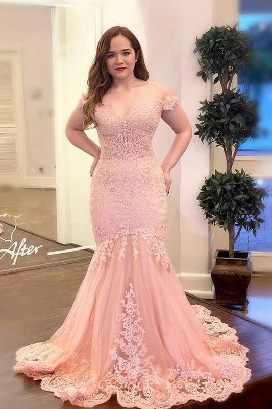 Rosa langes, schulterfreies Ballkleid aus Spitze im Meerjungfrauenstil