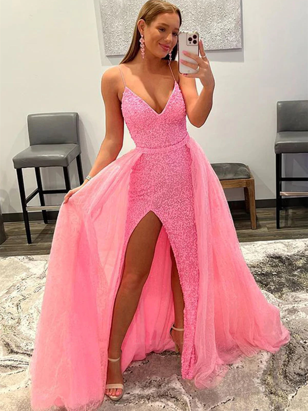 Rosa Lange Meerjungfrau Pailletten V-Ausschnitt Rückenfreies Ballkleid mit Schlitz