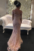 Rosa Lange Off-the-Shoulder Glitzer Spitze Meerjungfrau Ballkleider