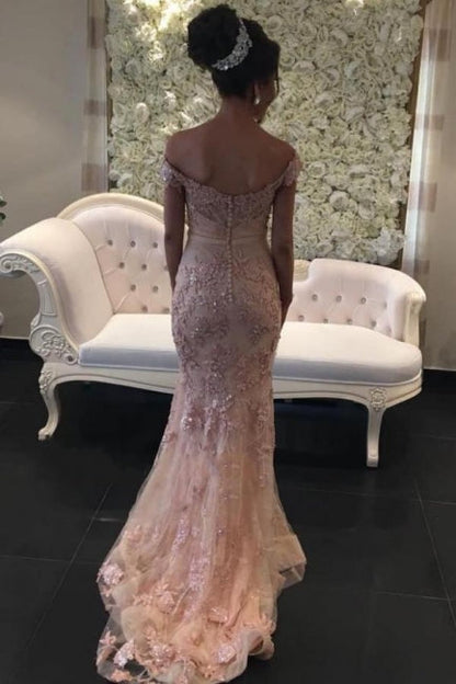 Vestidos de fiesta de sirena con encaje brillante y hombros descubiertos en color rosa