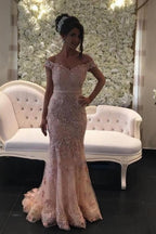 Rosa Lange Off-the-Shoulder Glitzer Spitze Meerjungfrau Ballkleider