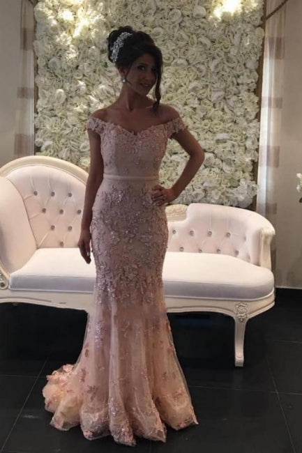 Rosa Lange Off-the-Shoulder Glitzer Spitze Meerjungfrau Ballkleider
