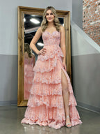 Vestido de fiesta de princesa rosa con hombros descubiertos, corsé y volantes de encaje
