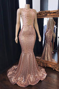 Vestidos de fiesta de sirena con lentejuelas rosas, largos de tul y espalda descubierta.