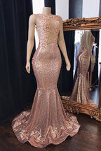 Vestidos de fiesta de sirena con lentejuelas rosas, largos de tul y espalda descubierta.