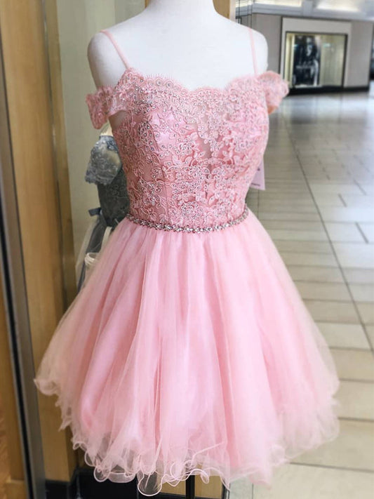 Pink Short A-line Off the Shoulder Tulle Lace Prom Homecoming Dresses
