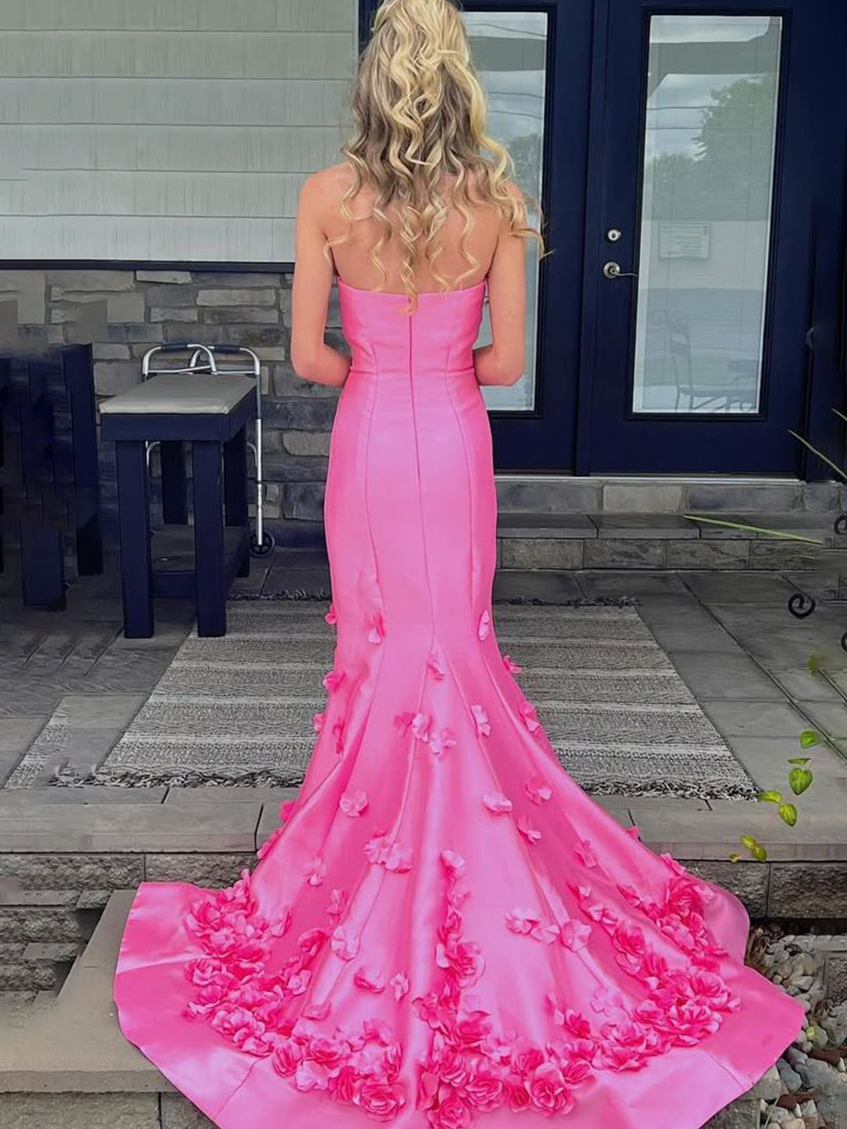 Skyden | Vestido de fiesta largo rosa sin tirantes, corte sirena, sin mangas y con apliques
