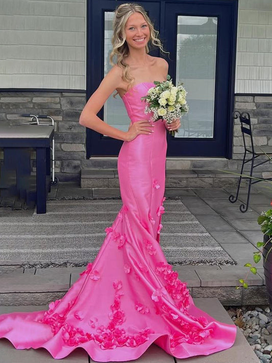 Skyden | Vestido de fiesta largo rosa sin tirantes, corte sirena, sin mangas y con apliques