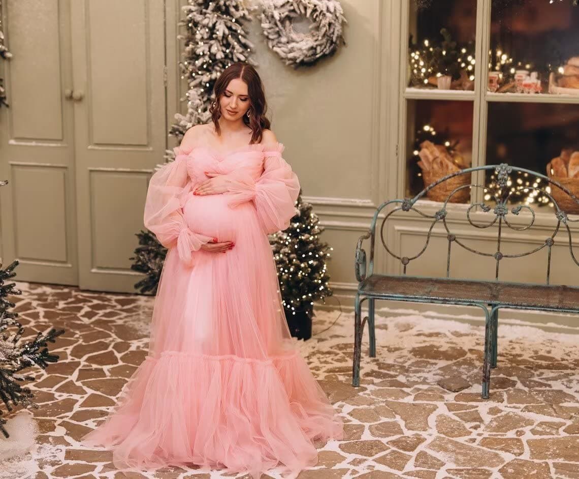 Puffy Sleeve Maternity Dress Tulle Robe SY040