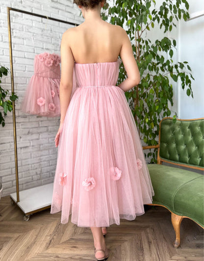 Pandora | Vestido de fiesta princesa sin tirantes rosa claro con flores