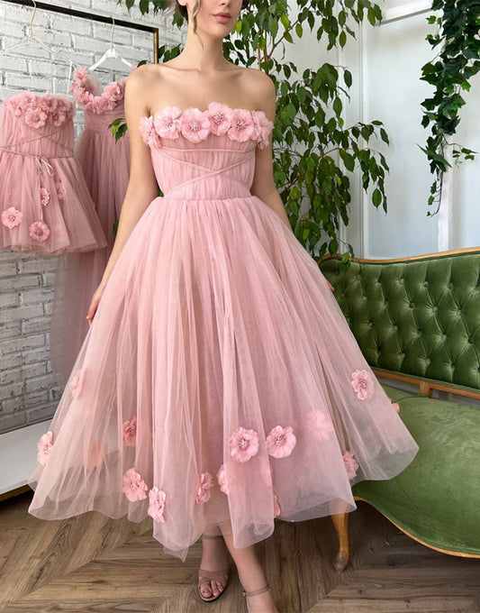 Pandora | Vestido de fiesta princesa sin tirantes rosa claro con flores