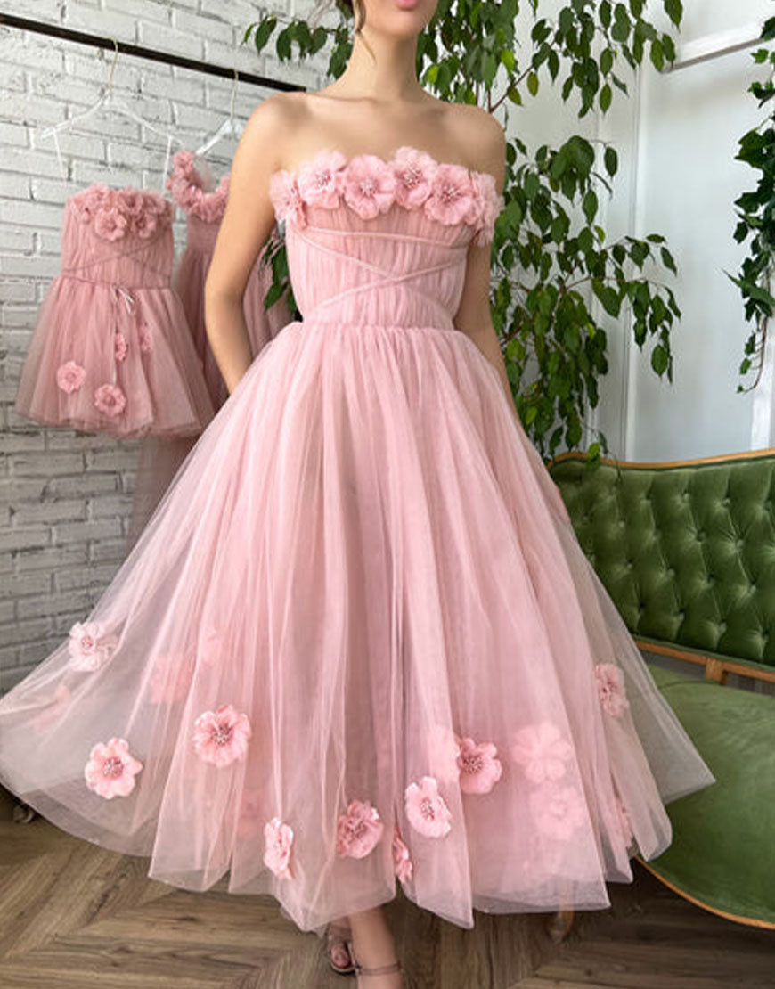 Pandora | Vestido de fiesta princesa sin tirantes rosa claro con flores