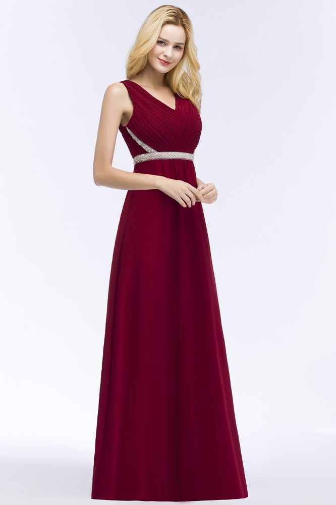 Vestidos de dama de honor de gasa con volantes, sin mangas, escote en V y corte A, talla grande, con faja de cuentas