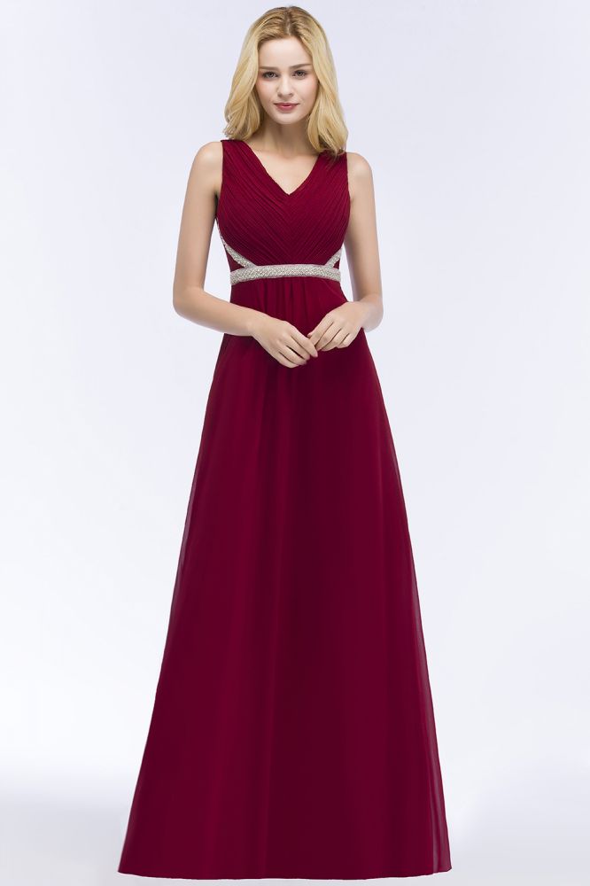 Vestidos de dama de honor de gasa con volantes, sin mangas, escote en V y corte A, talla grande, con faja de cuentas
