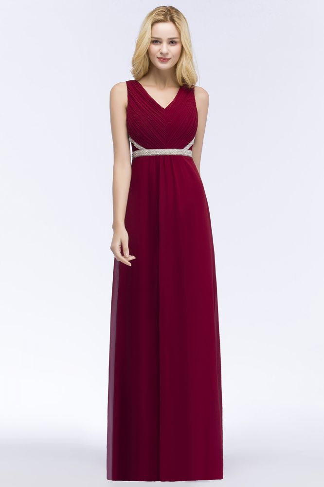 Vestidos de dama de honor de gasa con volantes, sin mangas, escote en V y corte A, talla grande, con faja de cuentas