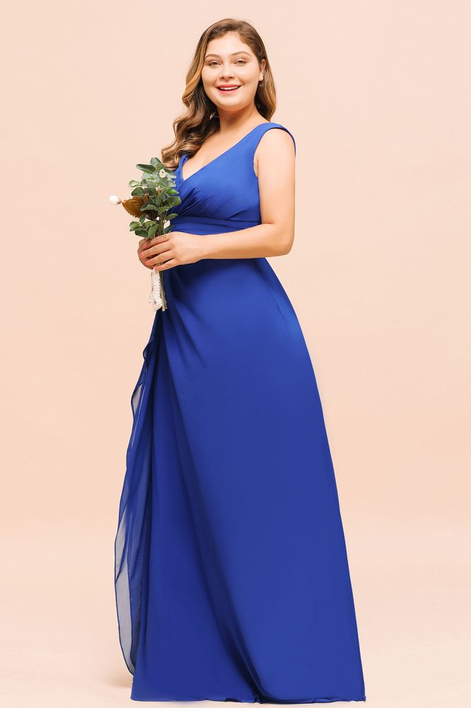 Vestido de dama de honor azul real sin mangas de gasa de talla grande con escote en V y vestido de novia sencillo