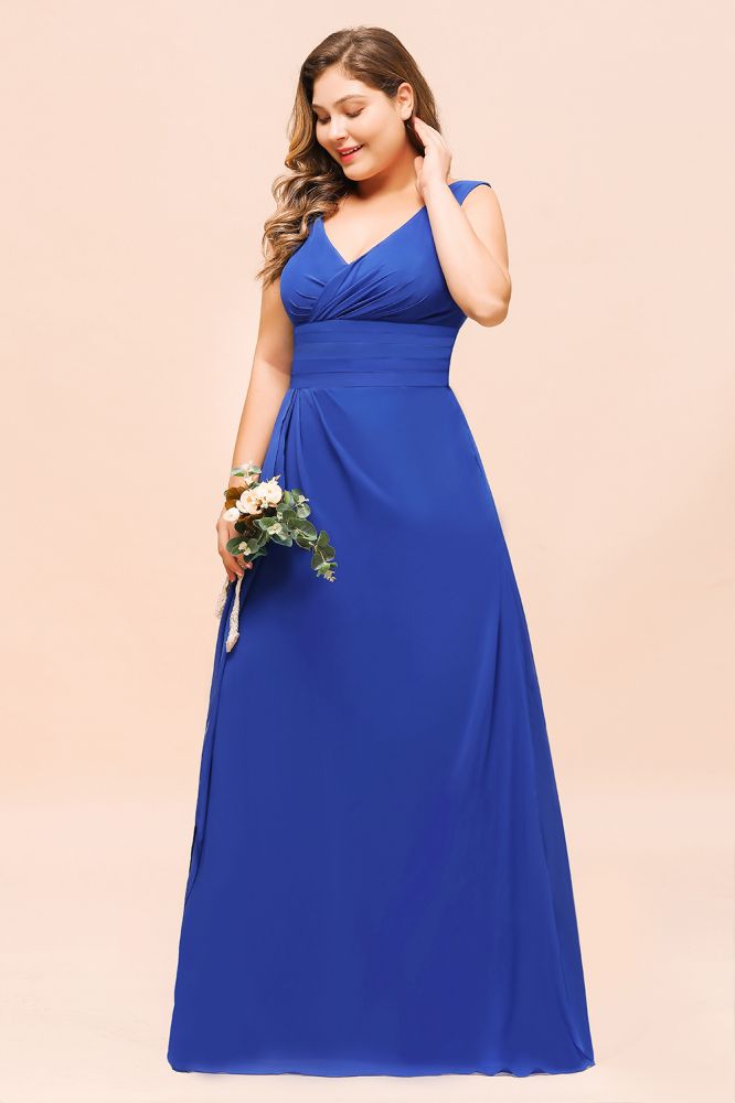 Vestido de dama de honor azul real sin mangas de gasa de talla grande con escote en V y vestido de novia sencillo