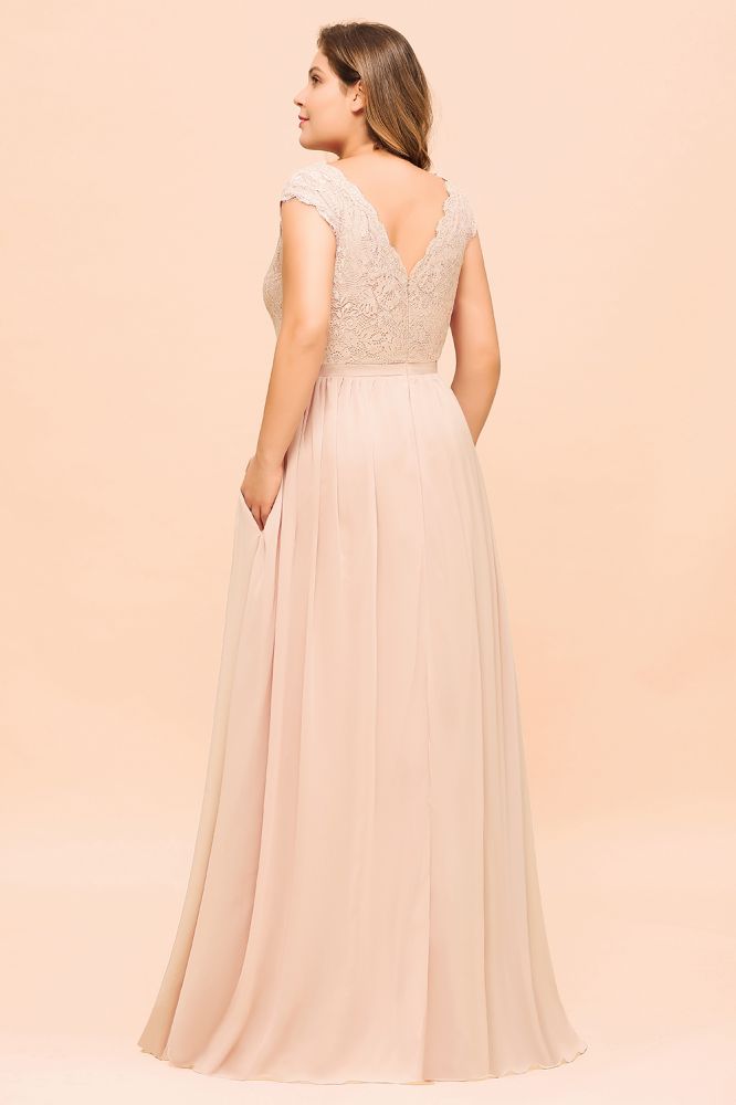 Vestido de dama de honor de talla grande con encaje rosa perla, mangas cortas y abertura lateral, vestido de fiesta de boda