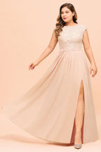 Vestido de dama de honor de talla grande con encaje rosa perla, mangas cortas y abertura lateral, vestido de fiesta de boda