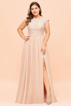 Vestido de dama de honor de talla grande con encaje rosa perla, mangas cortas y abertura lateral, vestido de fiesta de boda